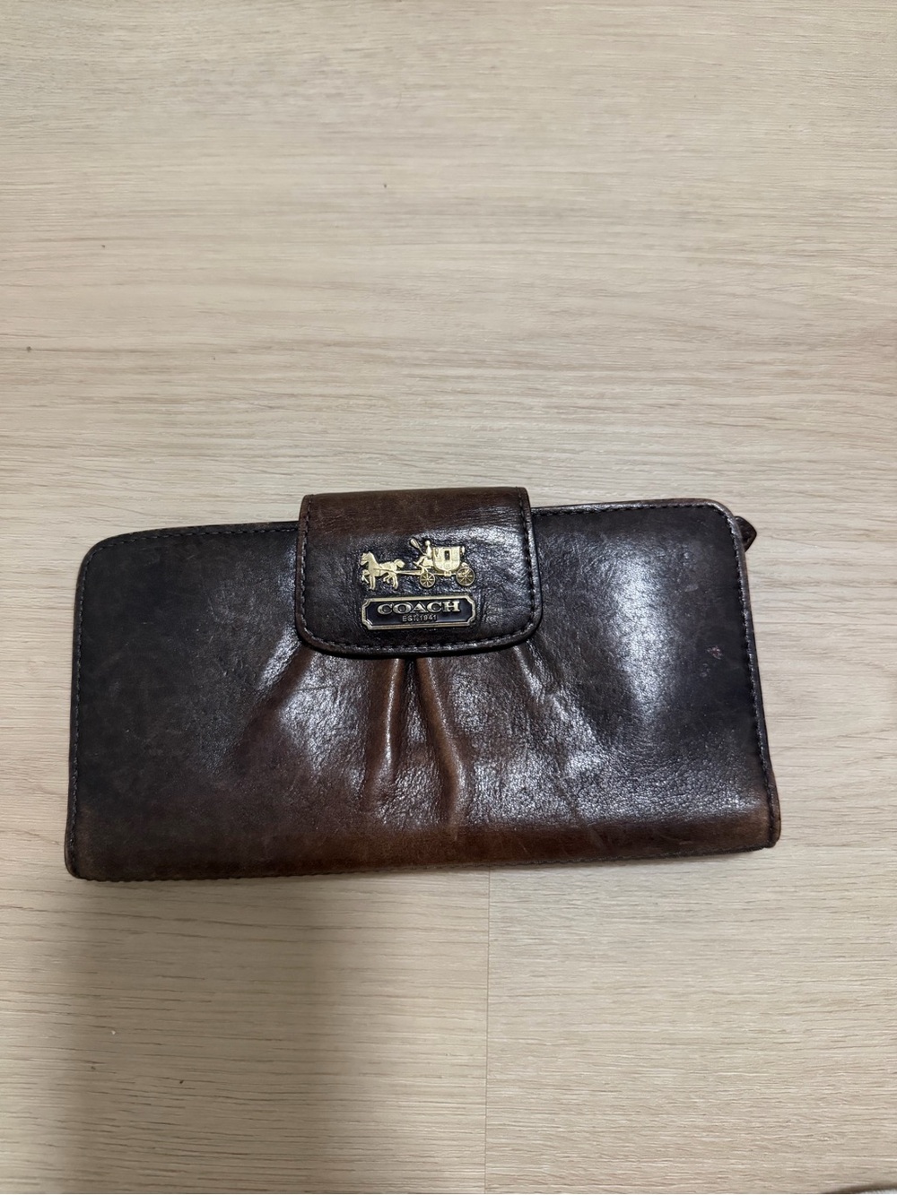 Coach Dark Brown Leather Continental Wallet with Gold Horse & Carriage Accent
